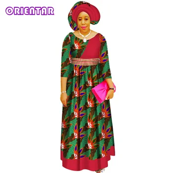 Bežné Afriky Šaty pre Ženy Africkej Tlače Župan Africaine Vysoký Pás Ankara Šaty s Headtie Afriky Oblečenie WY3435