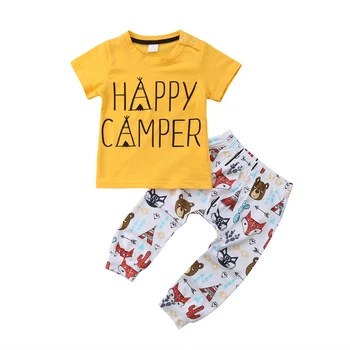 Bežné Batoľa Detský Chlapci happy camper Topy T-shirt +Cartoon Vytlačené Nohavice 2 ks Oblečenia Nastaviť Dieťa Oblečenie