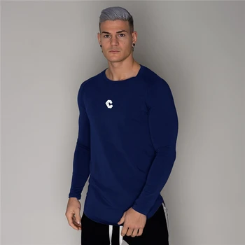 Bežné Slim Dlhými rukávmi tričko Mužov Gym Fitness Kulturistika Bavlna T-shirt Muž Jogger Cvičenie Čierne Tričká Topy Módne Oblečenie