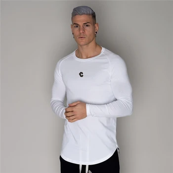 Bežné Slim Dlhými rukávmi tričko Mužov Gym Fitness Kulturistika Bavlna T-shirt Muž Jogger Cvičenie Čierne Tričká Topy Módne Oblečenie