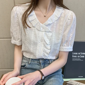 Bežné tričko žena retro Hong Kong chuť 2020 nové letné topy žena čipky dreva ucho V-krku-krátke rukávy tričko žena