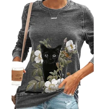 Bežné Čierna Mačka Tlače Kvety T-shirt dámske Jeseň Voľné O-Krk Dlhý Rukáv Top Fashion Street Dámy Plus Veľkosť Tees S-3XL