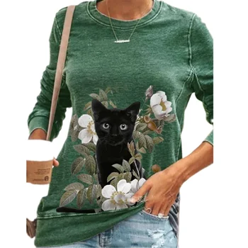 Bežné Čierna Mačka Tlače Kvety T-shirt dámske Jeseň Voľné O-Krk Dlhý Rukáv Top Fashion Street Dámy Plus Veľkosť Tees S-3XL