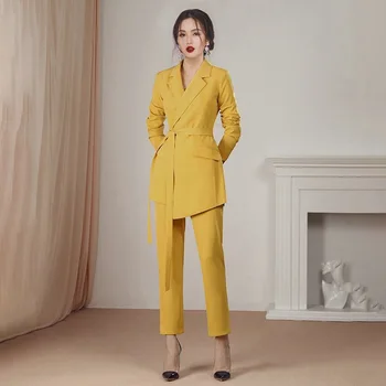 Bežné žien oblek nohavice dvoch-dielny oblek 2020 slim žltá lady sako ženská Móda profesionálne nohavice malé vyhovovali Žena