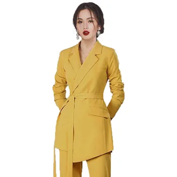 Bežné žien oblek nohavice dvoch-dielny oblek 2020 slim žltá lady sako ženská Móda profesionálne nohavice malé vyhovovali Žena
