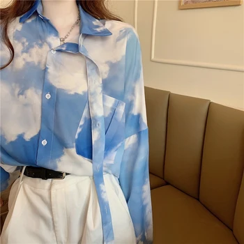 BF Vykresľovanie Blúzka Ženy kórejský Harajuku Voľné Modrá Obloha, Biele Oblaky tie-dye Gradient Blúzka Nadrozmerná Tričko Dlhý Rukáv Tričko