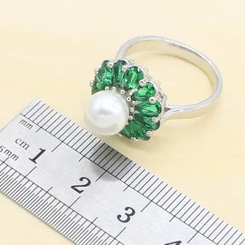 Biele Perly Zelená Smaragdová Svadba Šperky Sady Pre Ženy Náhrdelníky Náušnice, Prsteň Prívesok Náramky Darčekovej Krabičke