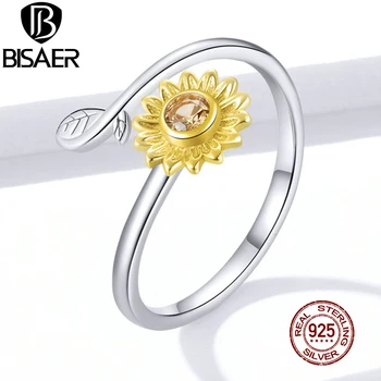 BISAER Daisy Kvet Krúžok 925 Sterling Silver Nastaviteľné Otvoriť Žltá Zirkón Prst Prstene Pre Ženy, Najlepší Darček Šperky 2020 EFR127