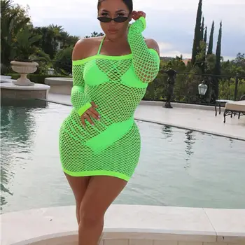 BKLD Bodycon Mini Šaty Plus Veľkosť Oblečenie 2019 Letné Nový Príchod Neon Zelená Šaty Oka Vidieť-cez Off Rameno Ženy Šaty