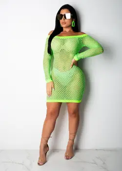 BKLD Bodycon Mini Šaty Plus Veľkosť Oblečenie 2019 Letné Nový Príchod Neon Zelená Šaty Oka Vidieť-cez Off Rameno Ženy Šaty
