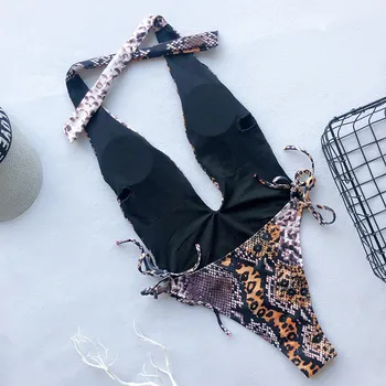 Bkning Hlboko V Plavky jednodielne Vyhovuje Hada Tlače Plávanie Oblek pre Ženy Plavky 2021 Lete Backless Bikini Leopard