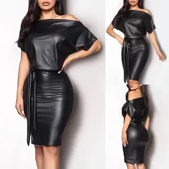 Black Asymetrické Sexy Faux Kožené Bodycon Šaty Žien 2020 Lete Dlhý Rukáv Koleno Dĺžke Ceruzky Šaty 2020 Bohocotol