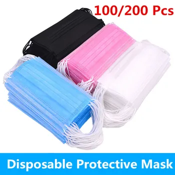 Black Disposable Non-tkané 3-vrstvový Masku na Tvár 100/200 Ks Priedušná Maska S Elastické Earband Priedušná Dospelých Úst Maska