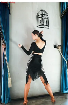 Black Klasickej Latinskej Tanca Sukne Pre Ženy, Fringe Dance Sukne Moderné Rumba, Tango Šaty Flamenco Salsa Tanečné Oblečenie