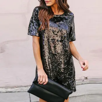 Black Rose Gold Sequin Šaty 2020 Letné Nový Rok Lesk Šaty Krátke Rukávy Elegantné Bežné Klub Party Šaty Žien Večer