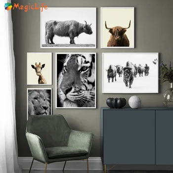 Black White Zvieratá Wall Art Plátno na Maľovanie Highland Krava Žirafa, Tiger, Lev, Nordic plagáty a tlačí Na Obývacia Izba bez rámu