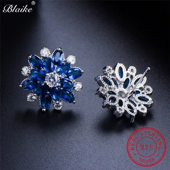 Blaike Očarujúce Blue Sapphire Biely Zirkón Snowflake Stud Náušnice Pre Ženy Originálne 925 Sterling Silver Birthstone Náušnice