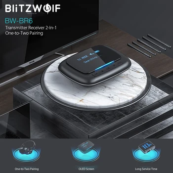 BlitzWolf BW-BR6 2 V 1 OLED Displej bluetooth V5.0 Audio Vysielač, Prijímač, 3.5 mm Aux 2RCA Bezdrôtové Audio Adaptér Zvuk