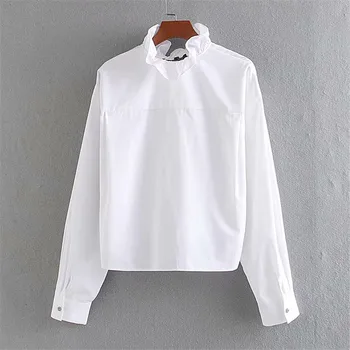 BLSQR Sladké elegantné voľné biela blúzka rozstrapatené golier tričko s dlhým rukávom žena štýlový office nosiť krátke topy blusas 2020