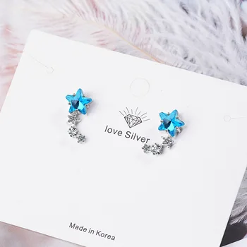 Blue Star Crystal 925 Sterling Silver Stud Náušnice Pre Ženy Zirkón Módne Kórejský Módne Náušnice Šperky Oorbellen