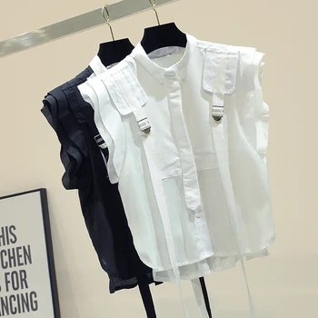 Blúzka bez rukávov šifón tričko žena 2020 letné nový kórejský voľné dizajn tričko fashion high street blúzky pre ženy