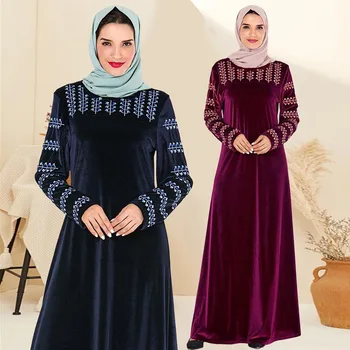 BNSQ Burgundsko Hrubé Zimné Zamatové Šaty Šaty Dlhé Rukávy Hijabs Moslimských Kaftane Kaftan Marocký Islamské Oblečenie Dubaj Turecko Ind