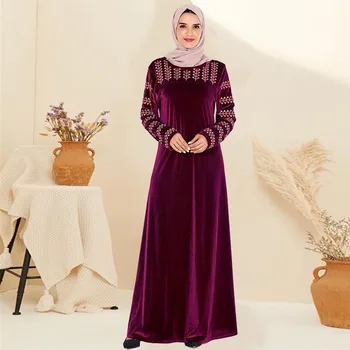 BNSQ Burgundsko Hrubé Zimné Zamatové Šaty Šaty Dlhé Rukávy Hijabs Moslimských Kaftane Kaftan Marocký Islamské Oblečenie Dubaj Turecko Ind