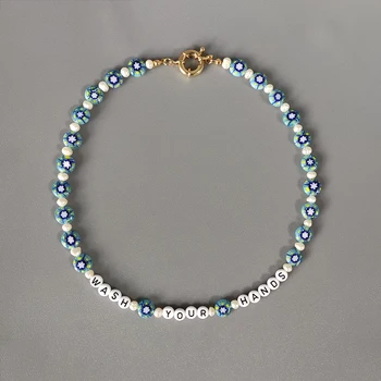 Bohémsky štýl farebné kvetinové korálky náhrdelník ručné ženy korálkové choker kórejský módne 26 písmen šperky lete Golier