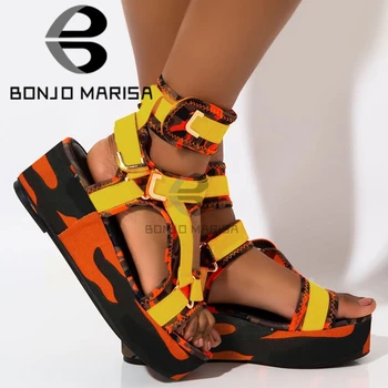 BONJOMARISA 2020 Nové IN Hot Predaj Farebné Tlač Platformu Sandále Ženy 2020 Letná Party dátum Dámy Kliny Topánky Žena