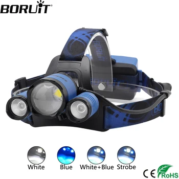 BORUiT B22 XM-L2+XPE Modré Svetlo LED Svetlomet 4-Režim Zoom Svetlometu Nabíjateľná 18650 Power Banky, Vedúci Pochodeň pre Lov Camping