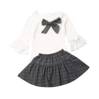 Boutique Dievča Oblečenie Baby Girl Svetlice Dlhý Rukáv Topy +Kockované Sukni, 2ks Letné Bavlnené Oblečenie 2KS Oblečenie