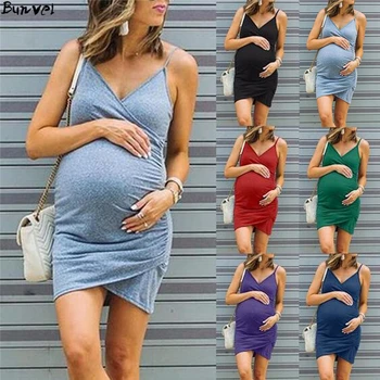 Bunvel Plus Veľkosť Materskej Šaty V Krku Tehotenstva Oblečenie Farbou Bežné Rukáv Lete Tehotné Sundresses Ženy Vestidos