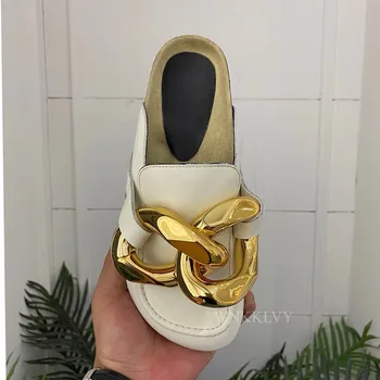 Byt bežné Uzavreté Prst pol papuče pre ženy, skutočné kožené hrubé jediným zlata reťazca dekor listov 2020 Unisex Tkaných lenivý mokasíny