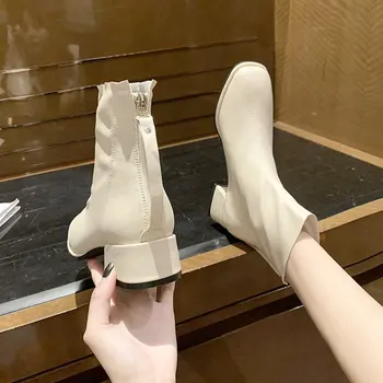 Béžová Zimné Topánky Lady Topánky na Zips Luxusné Dizajnér Polovici Teľa Botičky Ženy Nízke Podpätky, topánky Kolo Prst 2020 Módne Krátke