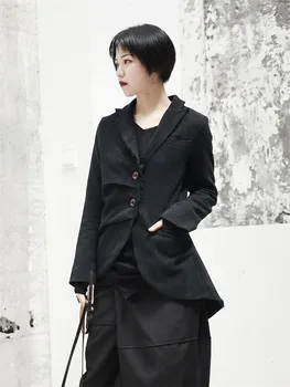 Cakucool Nové 2018 Bavlnená Posteľná Bielizeň Jesenná Bunda Ženy Asymetrický Gotický Black Slim Kabát Roztrhlo Japonsko Dizajn Jaqueta Casaco Feminino