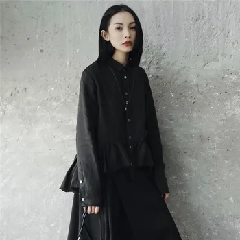 Cakucool Nové Bavlna Bielizeň, Blúzky Ženy Harajuku Japonsko Dizajn Roztrhlo Dlhý Rukáv Blusa Femme Bežné Ženy Oblečenie Čierna Biela