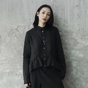 Cakucool Nové Bavlna Bielizeň, Blúzky Ženy Harajuku Japonsko Dizajn Roztrhlo Dlhý Rukáv Blusa Femme Bežné Ženy Oblečenie Čierna Biela