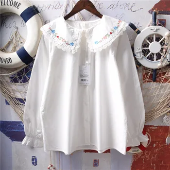 Camiseta bohemia mujer biela blúzka ženy topy 2020 jeseň jar Japonský štýl kawaii dlhý rukáv výšivky pevné tričko
