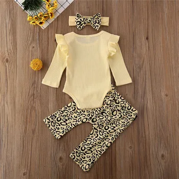 CANIS dieťa nastaví Novorodenca oblečenie Dievčatá Volánikmi Romper Topy Leopard vytlačené dlhé Nohavice hlavový most 3ks Oblečenie Oblečenie