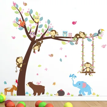 Cartoon 2ks 104*116cm lesné zvieratá swing strom stenu nálepka pre deti izba dekor medveď, sova opice wall art obtlačky diy pvc nástenná maľba