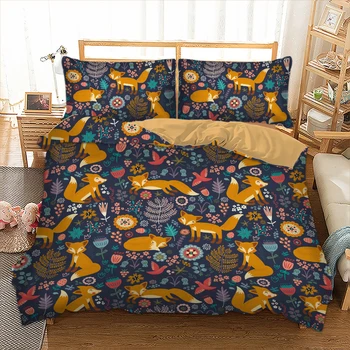Cartoon Fox posteľná bielizeň súbor úsmev líšky Tlač Perinu obliečka na Vankúš Twin kráľovná kráľ veľkosť Obliečky posteľné prádlo 3ks bytového textilu