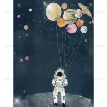 Cartoon Plátno Tlačiť Maľovanie Nordic Planéty Vesmíru Astronaut, Spálne, Obývacej Izby, detskej Izby Stenu, Dekorácie Hd Plagát