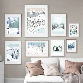 Cartoon Zime Sneh Scény Plagát Country House Les Tapety Umelecké Plátno Na Maľovanie Tlač Plavidlá Obrázok Výzdoba Domov