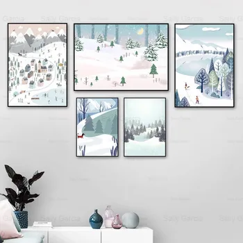 Cartoon Zime Sneh Scény Plagát Country House Les Tapety Umelecké Plátno Na Maľovanie Tlač Plavidlá Obrázok Výzdoba Domov