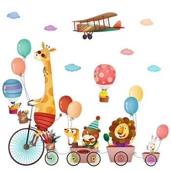Cartoon Zvieratá, jazda na Bicykli Stenu Nálepka pre Deti Izba Domova Škôlky teplovzdušný Balón Stenu Odtlačkový Deti Plagát DIY Umenie nástenná maľba