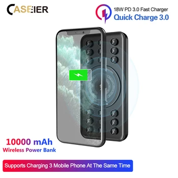 CASEIER 10000mAh Power Bank Qi Bezdrôtové Nabíjanie USB PD Rýchle Nabíjanie Powerbank S Prísavkou Prenosné Externé Batérie