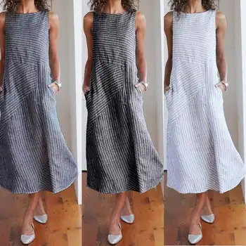 Celmia Šaty Žien 2021 Leto Bez Rukávov Pruhované Šaty Dovolenku Príležitostné Voľné Strany Vesta Šaty Midi Dlho Sundress Plus Veľkosť Oblečenie