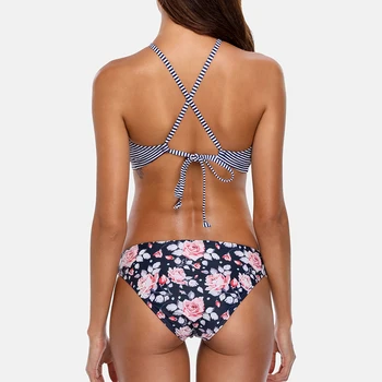 Charmleaks Ženy Prekladané Bikini Set Vysoká Krku Vintage Kvetinový Plavky Strappy Plavky, Plavky Čalúnená Plaviek