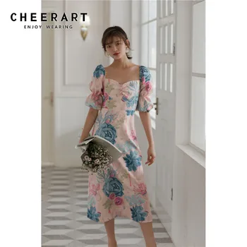 CHEERART staroružovej Kvetinový Tlač Lístkového Rukáv Dlhý Midi Šaty Elegantné Ženy Backless Krátke Letné Šaty bez Ramienok 2020