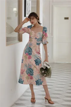 CHEERART staroružovej Kvetinový Tlač Lístkového Rukáv Dlhý Midi Šaty Elegantné Ženy Backless Krátke Letné Šaty bez Ramienok 2020